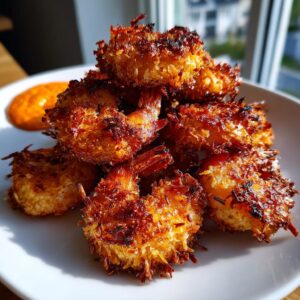 A pile of golden brown, crispy coconut shrimp served on a white plate with a side of orange dipping sauce.