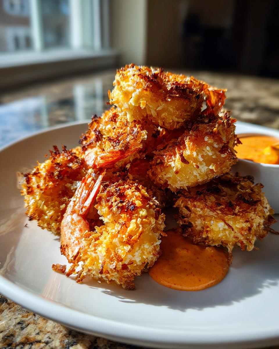 A stack of perfectly golden and crispy coconut shrimp served on a white plate with a side of orange dipping sauce.