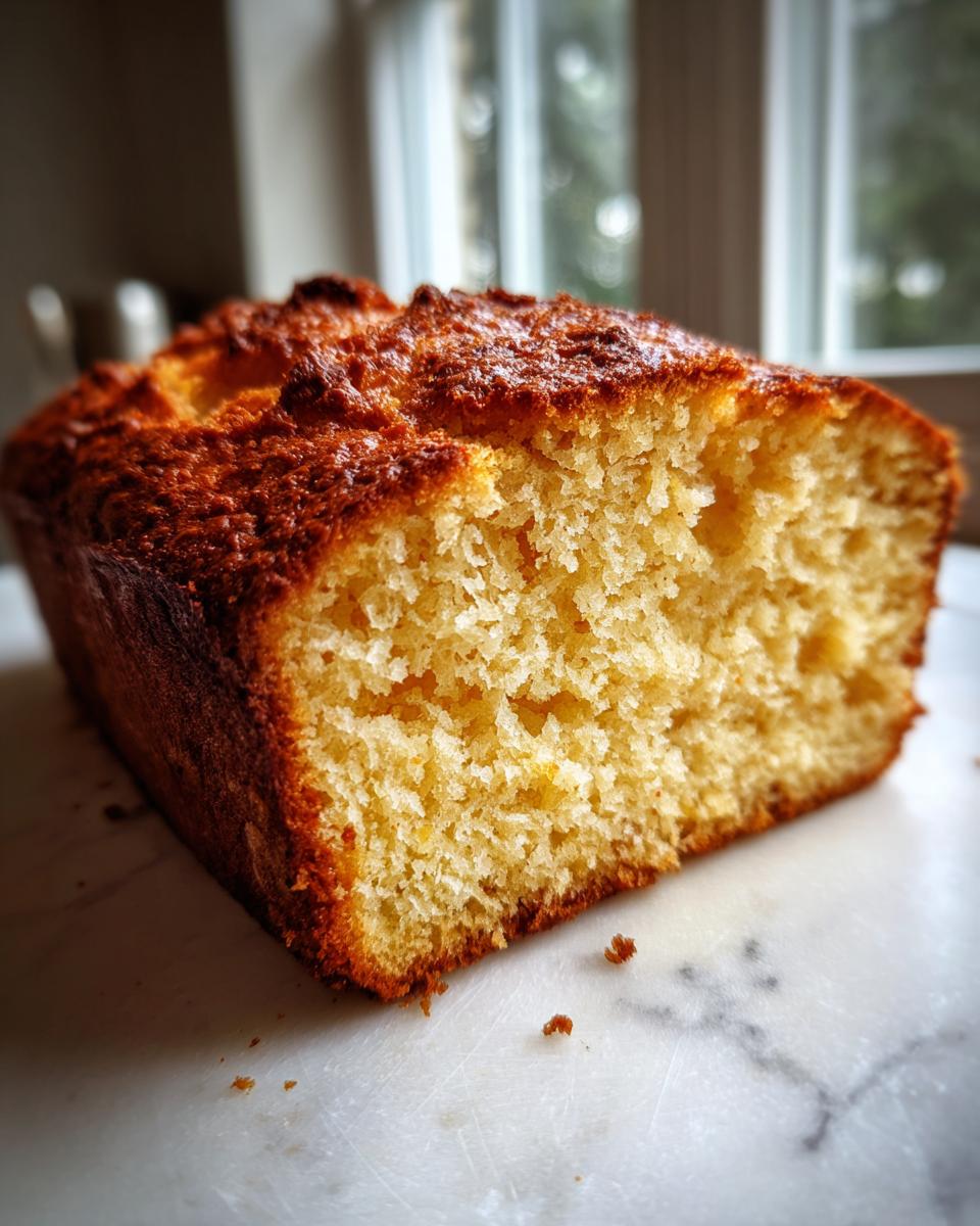 Cross-section view of a freshly baked beer bread loaf showing its golden, porous crumb and dark, crispy crust.