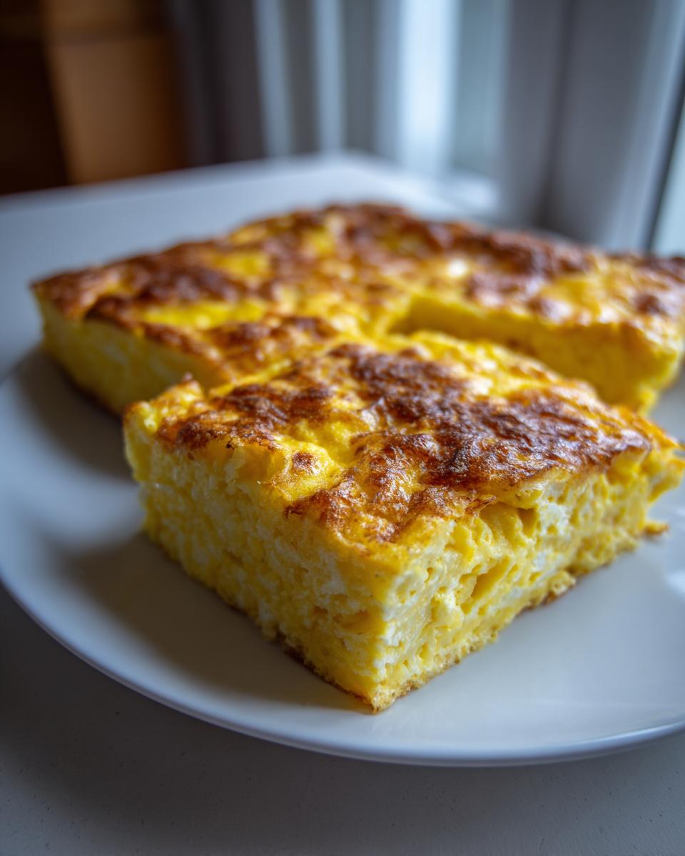 Two golden-brown squares of fluffy egg bake served on a white plate, ready to eat.