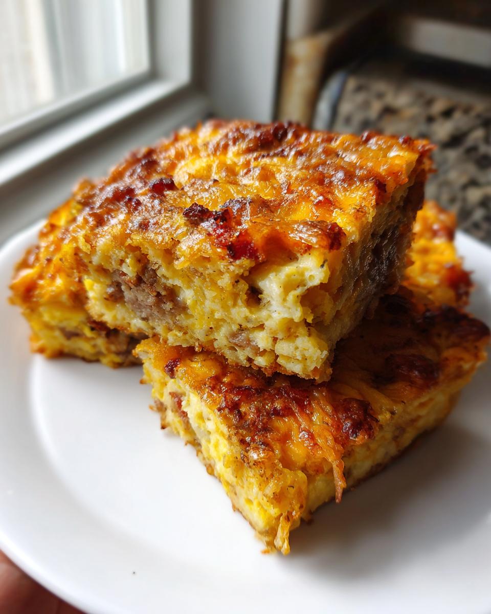 Two stacked, square slices of a hearty sausage and cheese egg bake with a golden, browned top.