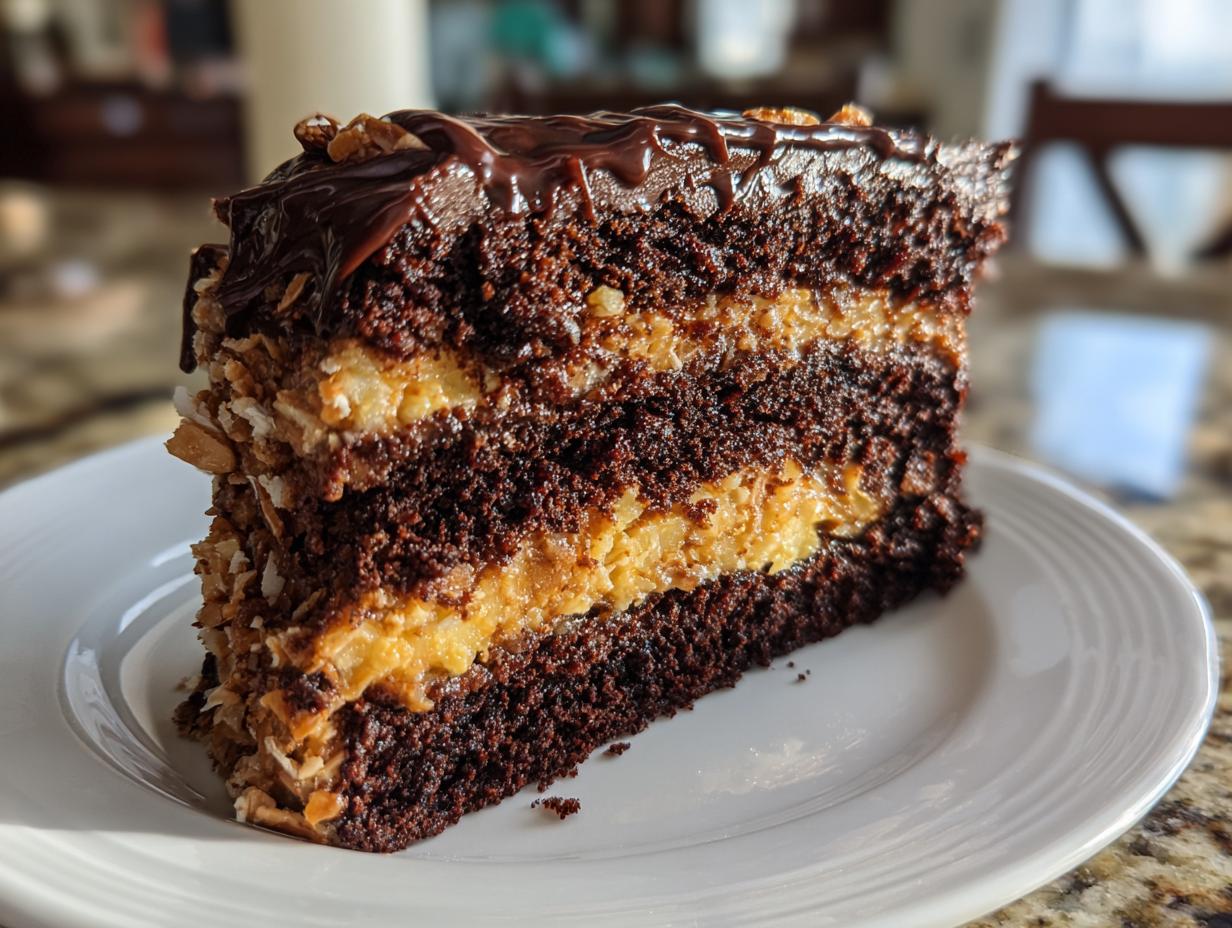 A decadent slice of german chocolate cake showing three layers of dark chocolate cake and two layers of coconut-pecan filling.