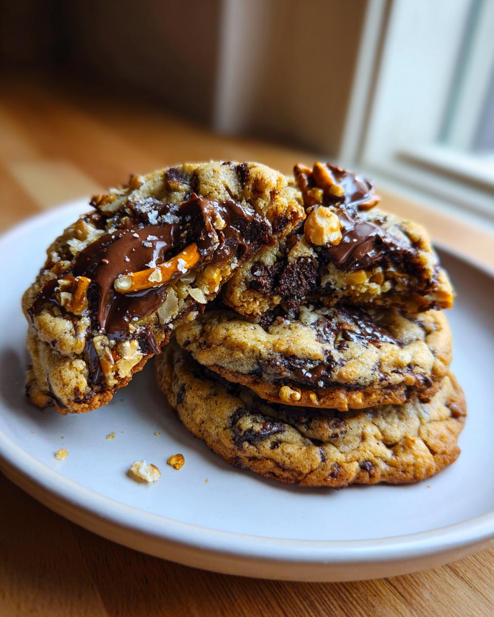 A stack of three amazing kitchen sink cookies, with the top one broken open revealing gooey melted chocolate and mix-ins.