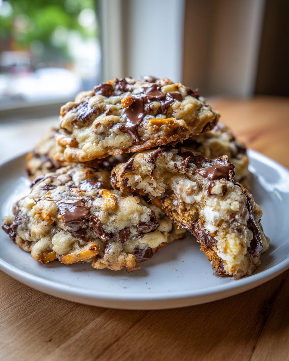 A stack of freshly baked kitchen sink cookies piled on a white plate, showing melted chocolate and mix-ins.