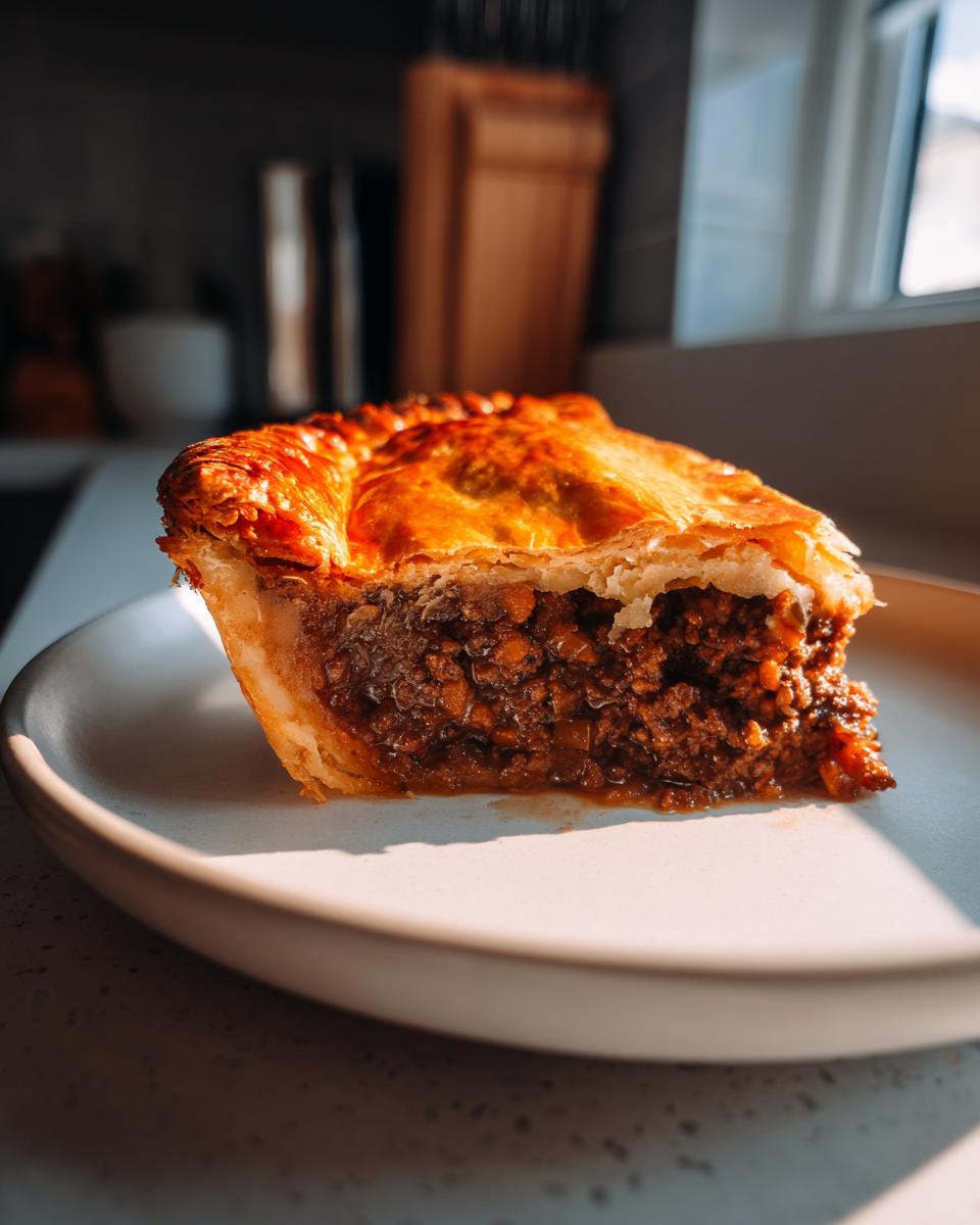 A close-up of a slice of homemade meat pie showing the flaky, golden crust and rich, savory ground meat filling.