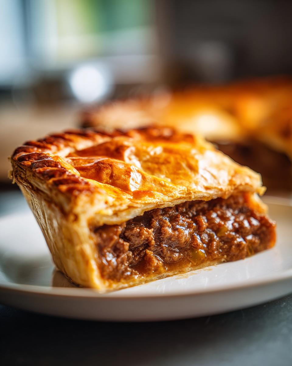 Close-up of a savory meat pie slice showing rich filling and a golden, flaky pastry crust.