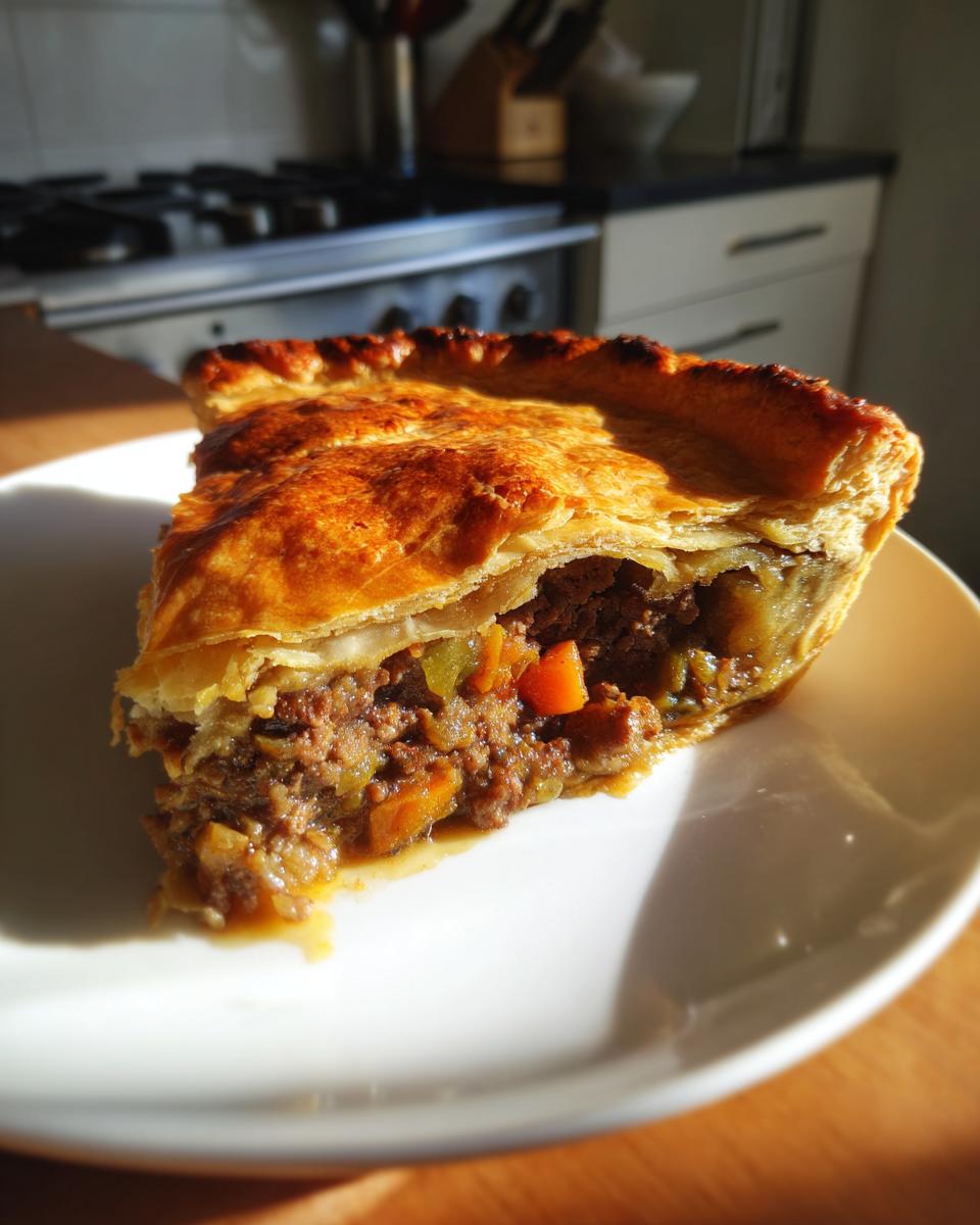 A close-up slice of amazing meat pie showing rich filling and flaky, golden crust, served on a white plate.