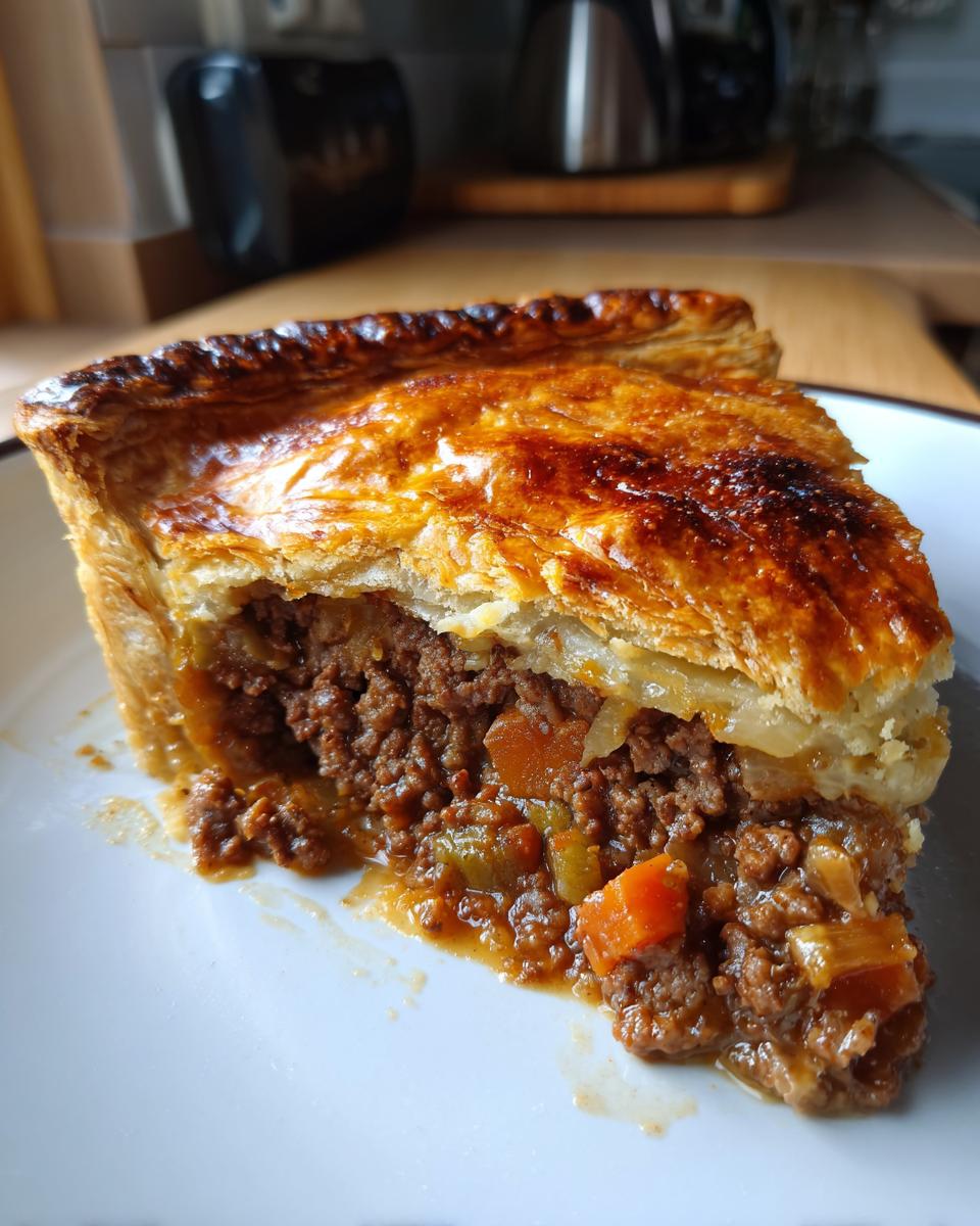 A close-up of a thick slice of savory meat pie showing rich ground beef filling, carrots, and a golden, flaky puff pastry crust.