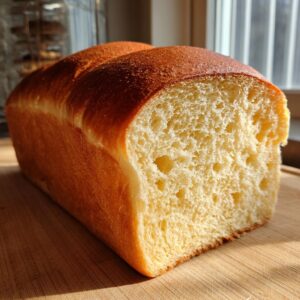 A freshly baked loaf of soft, golden brown milk bread, showing a fluffy interior crumb structure.