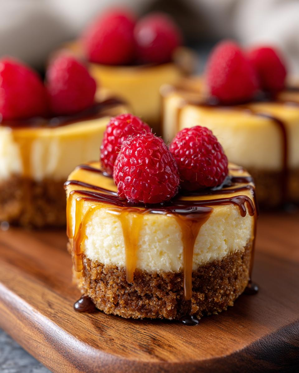 Close-up of a single mini cheesecake topped with fresh raspberries, caramel, and chocolate drizzle.
