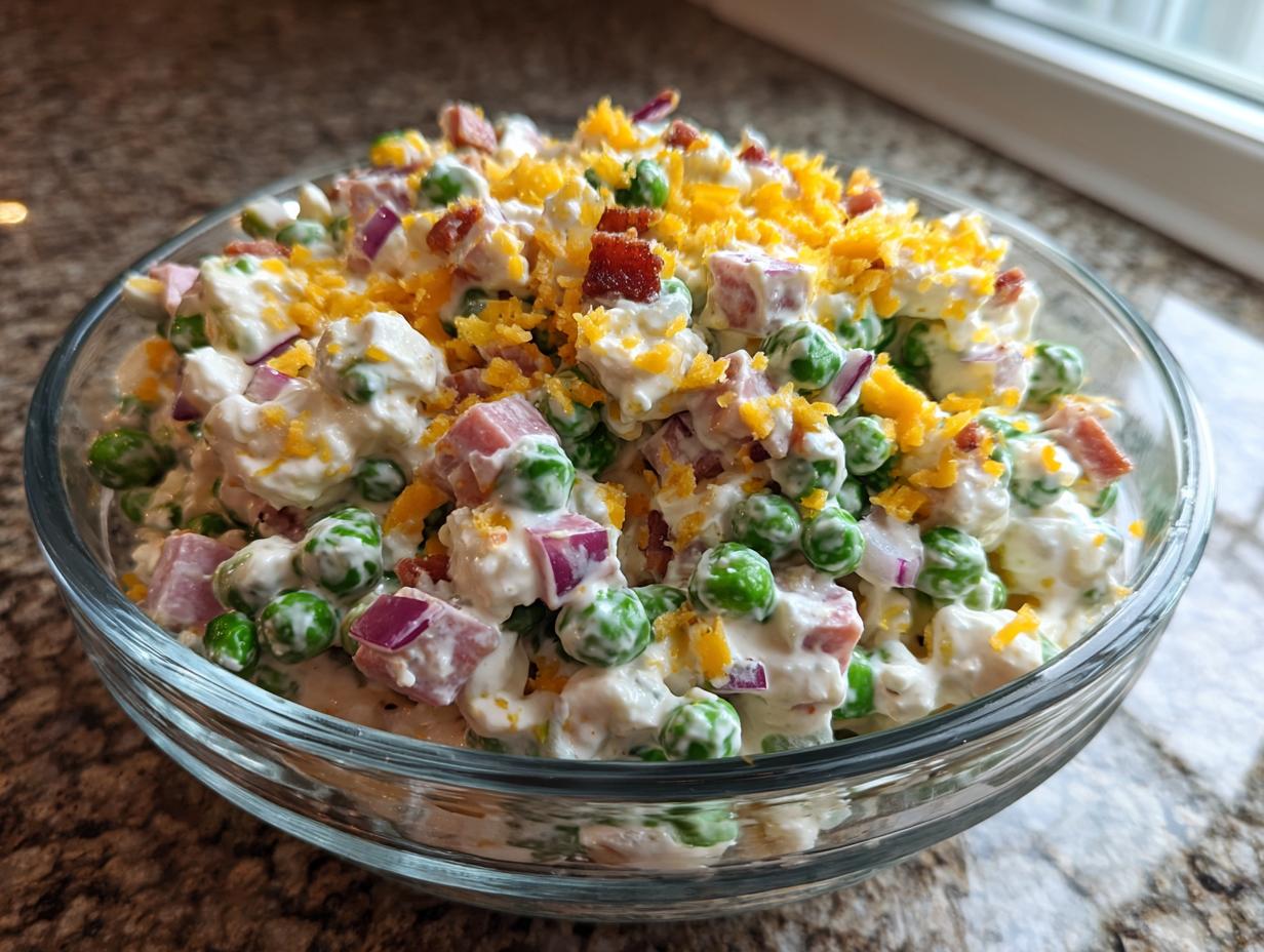 A close-up of creamy pea salad mixed with ham, red onion, and topped with shredded cheddar and bacon bits.