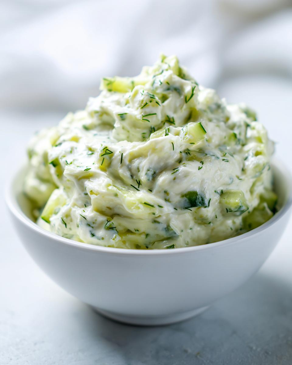 Close-up of a generous serving of creamy pickle dip, featuring chopped pickles and dill, mounded high in a white bowl.