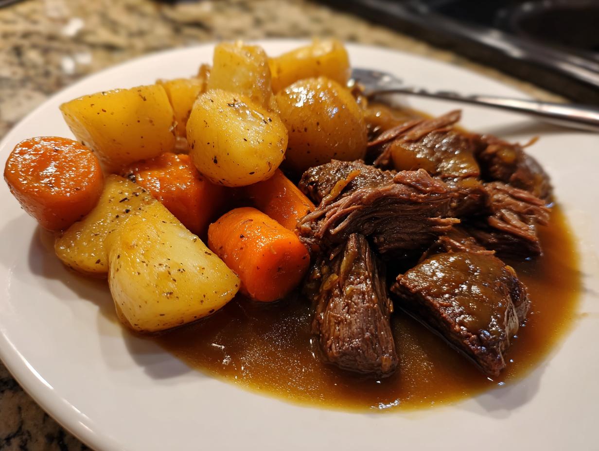 A serving of tender, shredded pot roast with chunks of seasoned potatoes and carrots in rich gravy.