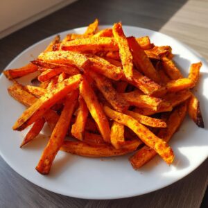 A close-up of a generous serving of crispy, seasoned sweet potato fries piled high on a white plate.