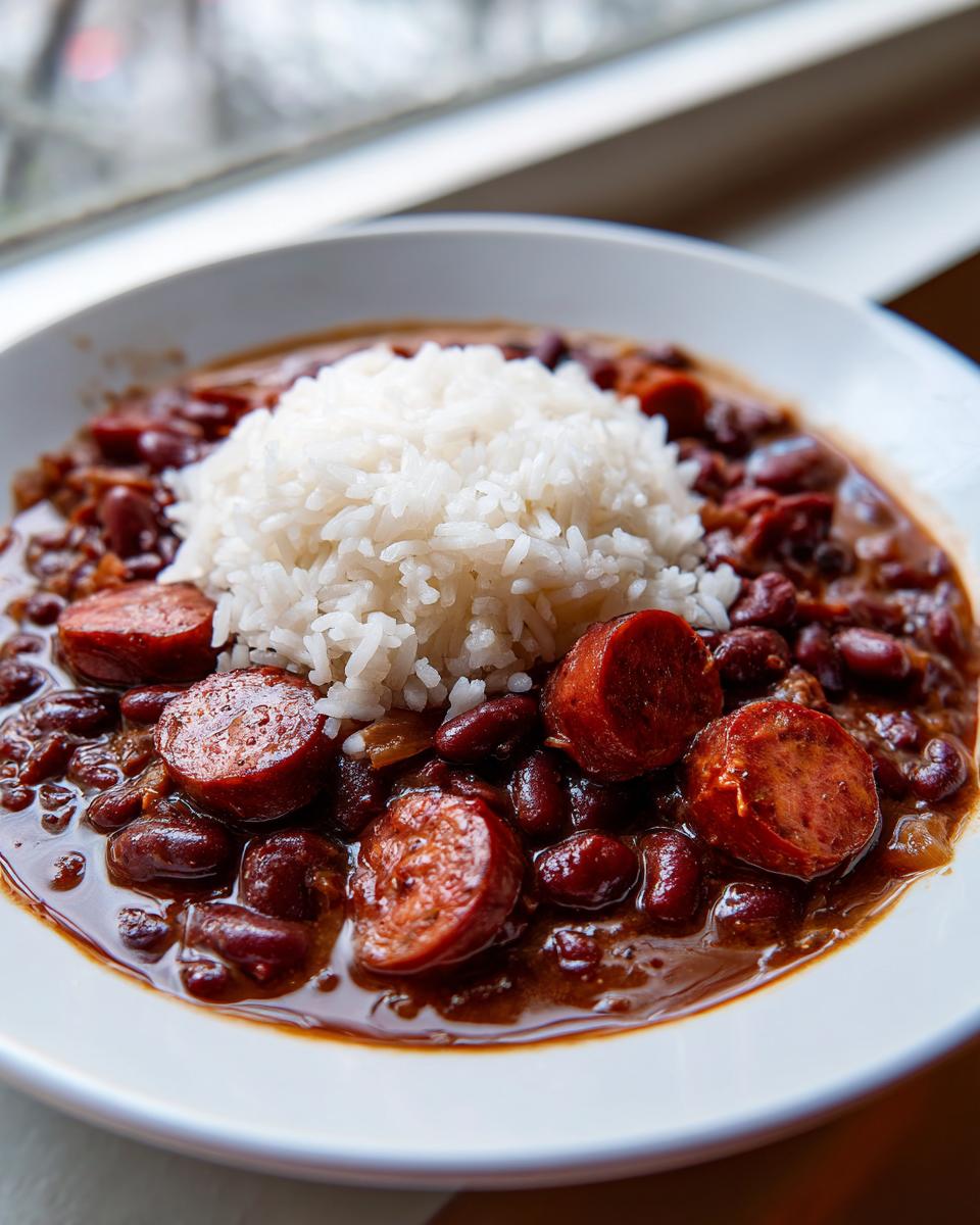 Close-up of a bowl featuring amazing red beans and rice topped with slices of smoked sausage.