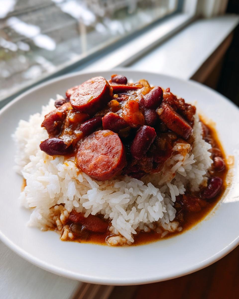 A plate of fluffy white rice topped with rich red beans and sliced andouille sausage, classic red beans and rice.