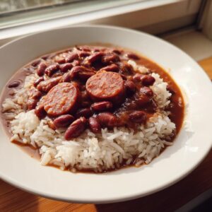 A close-up of a white bowl filled with white rice topped with rich red beans and rice and slices of smoked sausage.