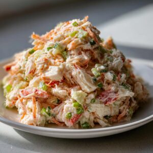 A generous mound of creamy seafood salad mixed with shredded crab, celery, and green onions served on a white plate.