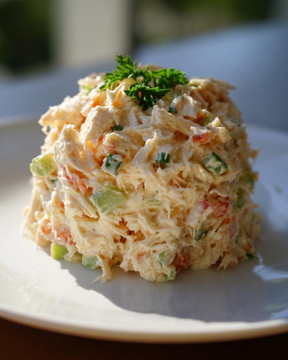 A mound of creamy seafood salad mixed with celery and peppers, garnished with fresh parsley on a white plate.