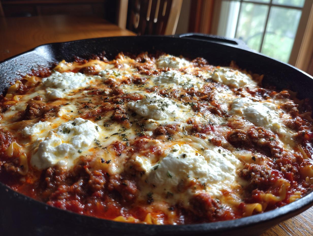 Close-up of bubbling, cheesy skillet lasagna topped with dollops of ricotta cheese and herbs in a black cast iron pan.