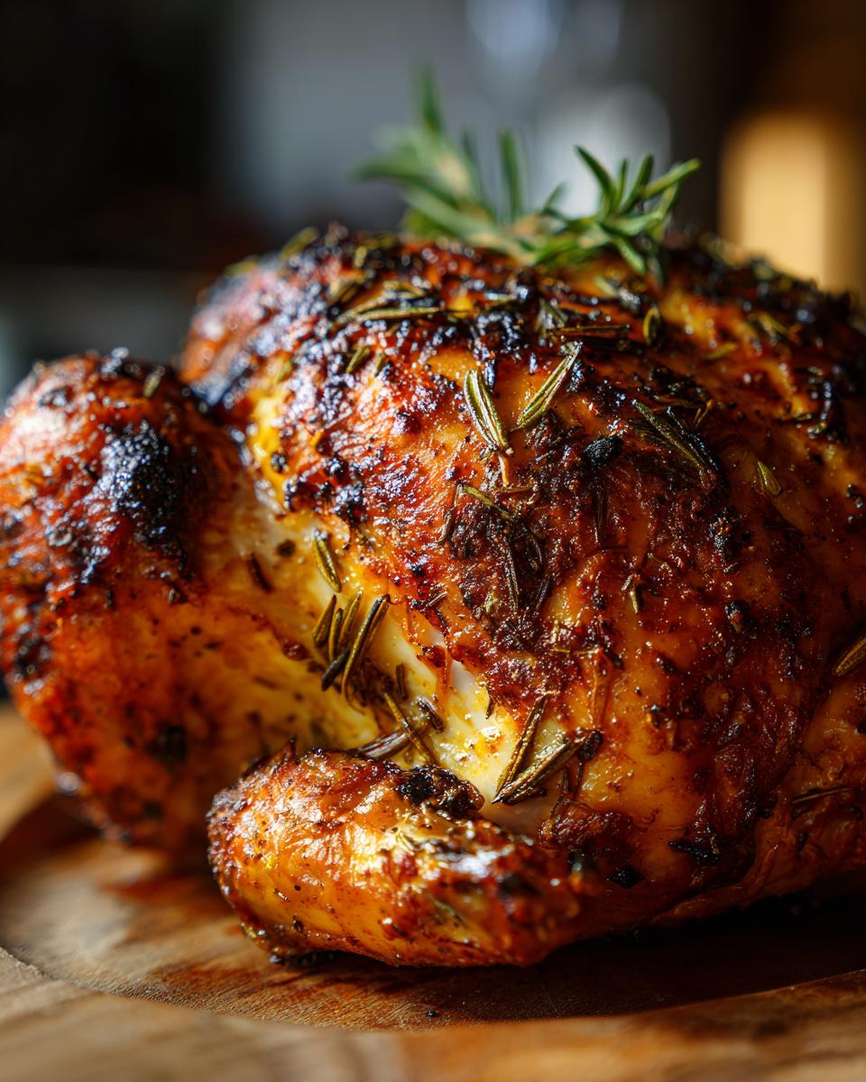 Close-up of a beautifully roasted spatchcock chicken with crispy, seasoned skin and fresh rosemary sprigs.