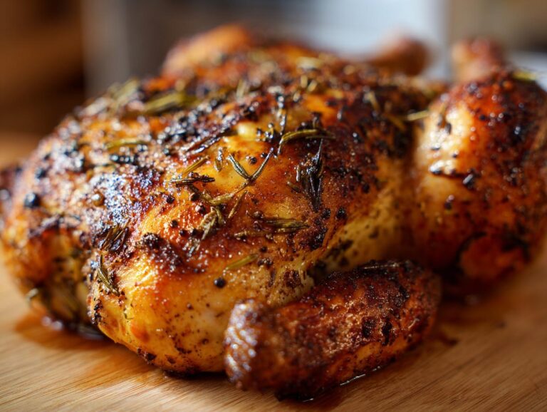 Close-up of a golden brown, perfectly roasted spatchcock chicken seasoned with dark spices and rosemary.