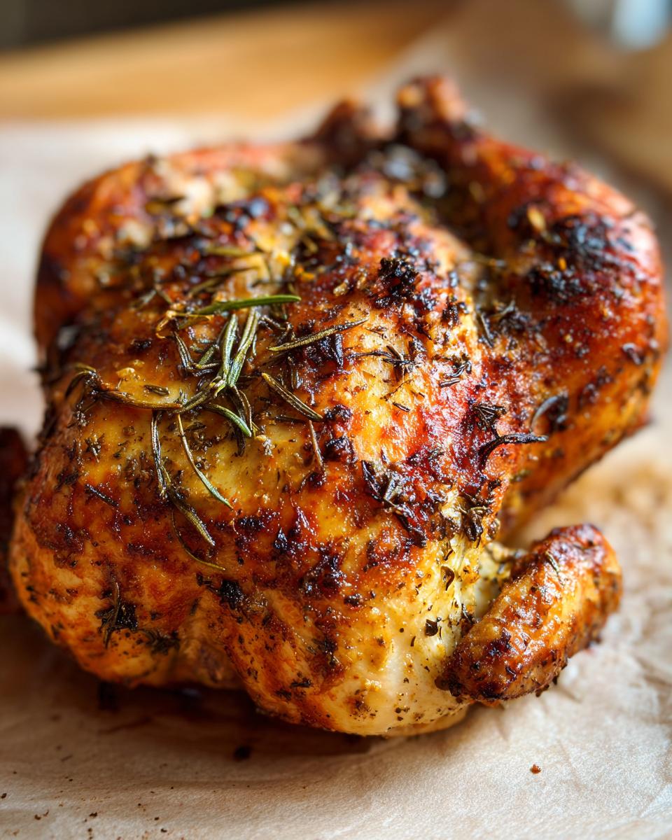 Close-up of a golden-brown, herb-crusted spatchcock chicken resting on parchment paper.