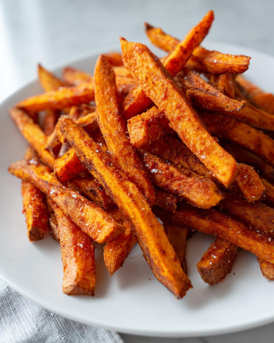 A close-up of a pile of crispy, seasoned sweet potato fries sprinkled with coarse salt on a white plate.