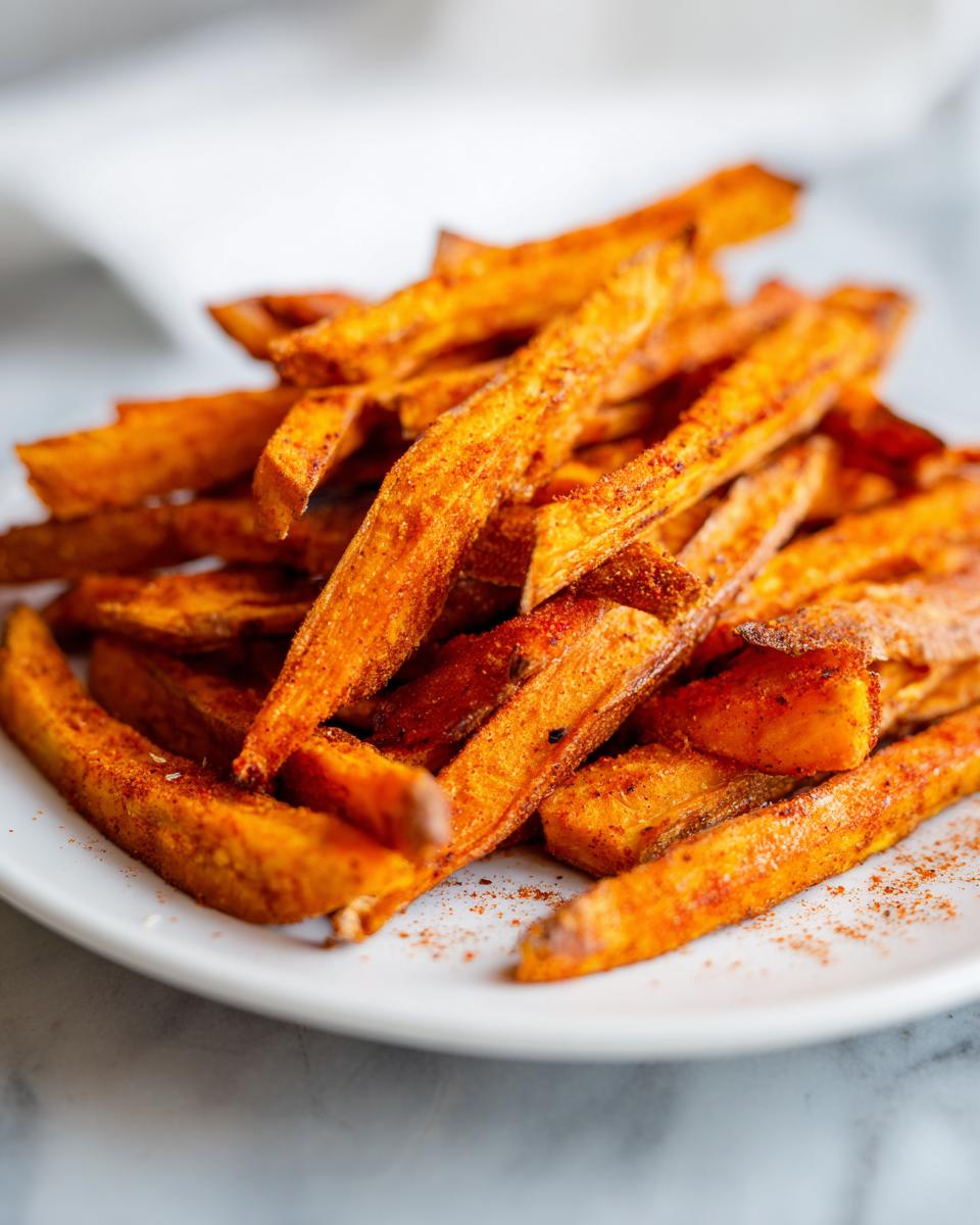 A close-up of a mound of crispy, orange sweet potato fries dusted with paprika on a white plate.