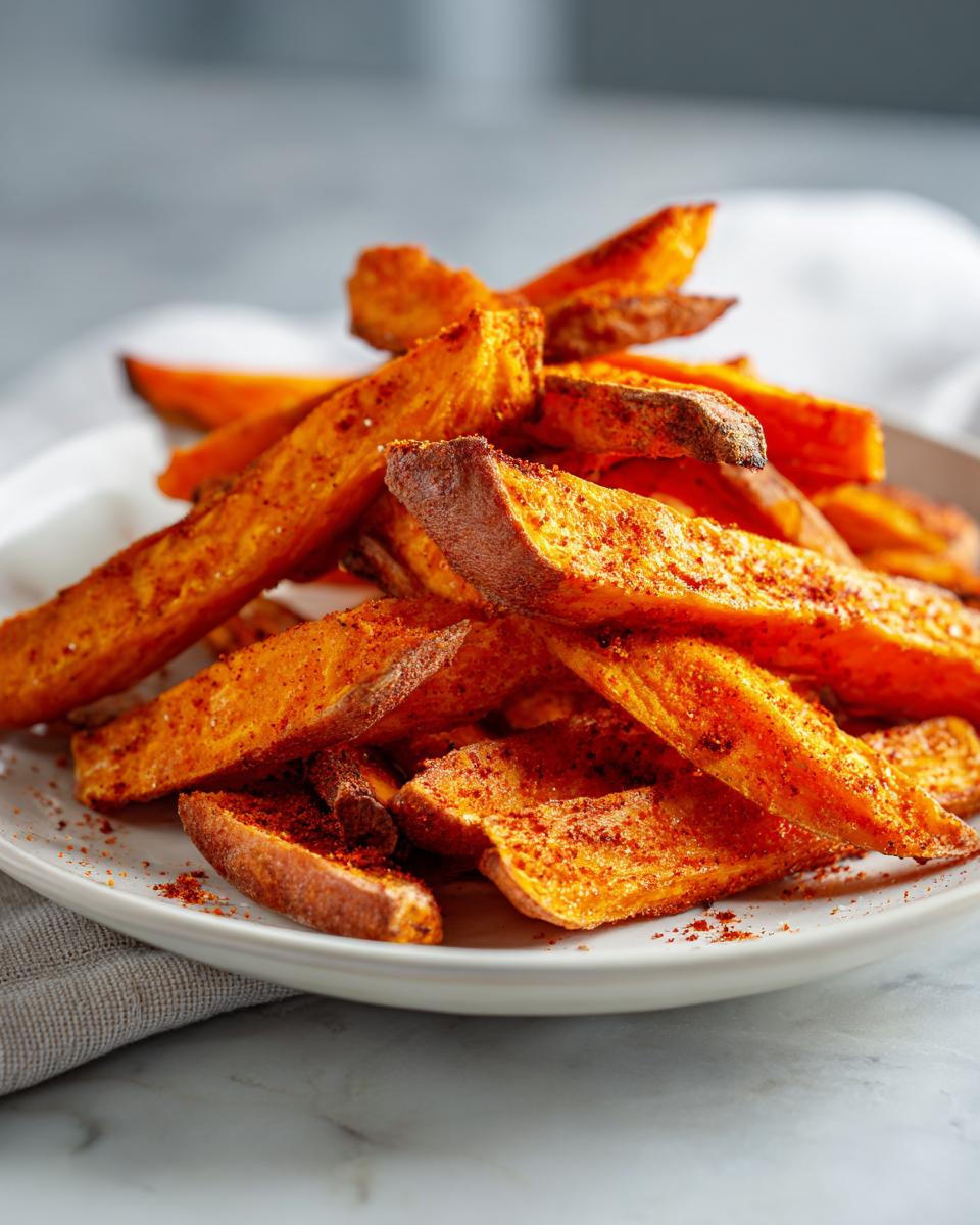 A close-up of a generous serving of crispy, seasoned sweet potato fries piled high on a white plate.