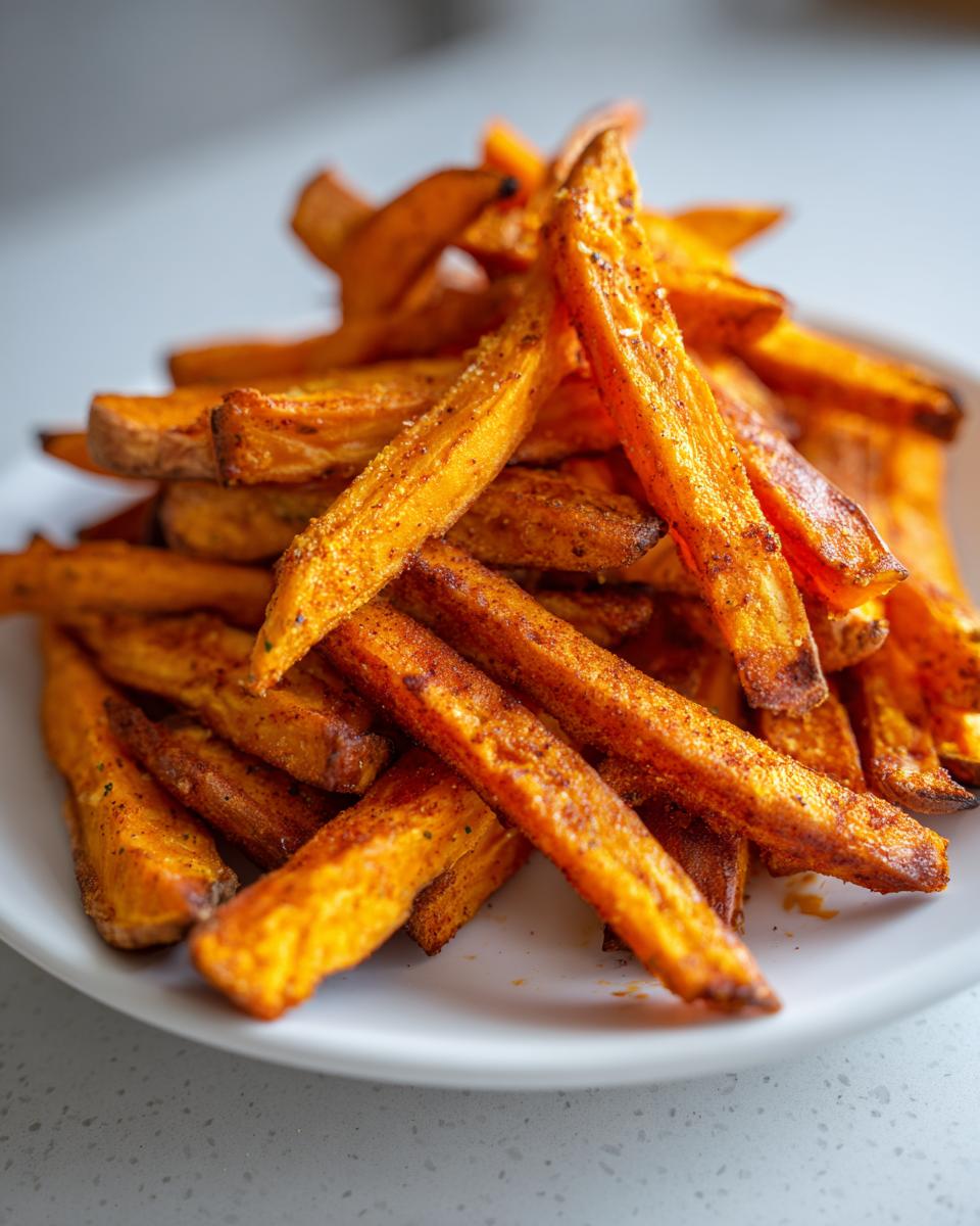 A close-up of a generous serving of crispy, orange sweet potato fries seasoned with spices, piled high on a white plate.