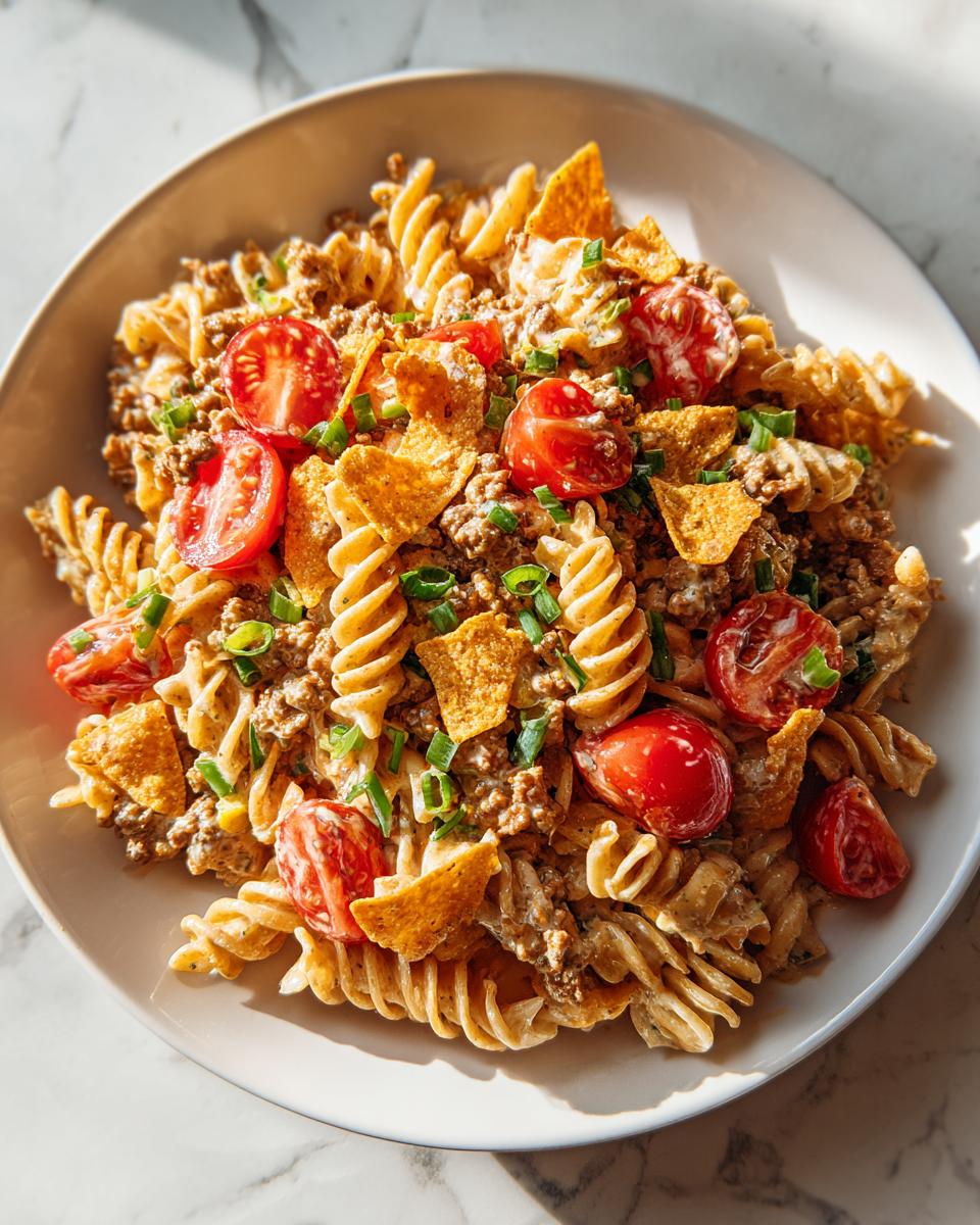 A close-up serving of amazing taco pasta salad featuring rotini pasta, seasoned ground meat, cherry tomatoes, and tortilla chips.