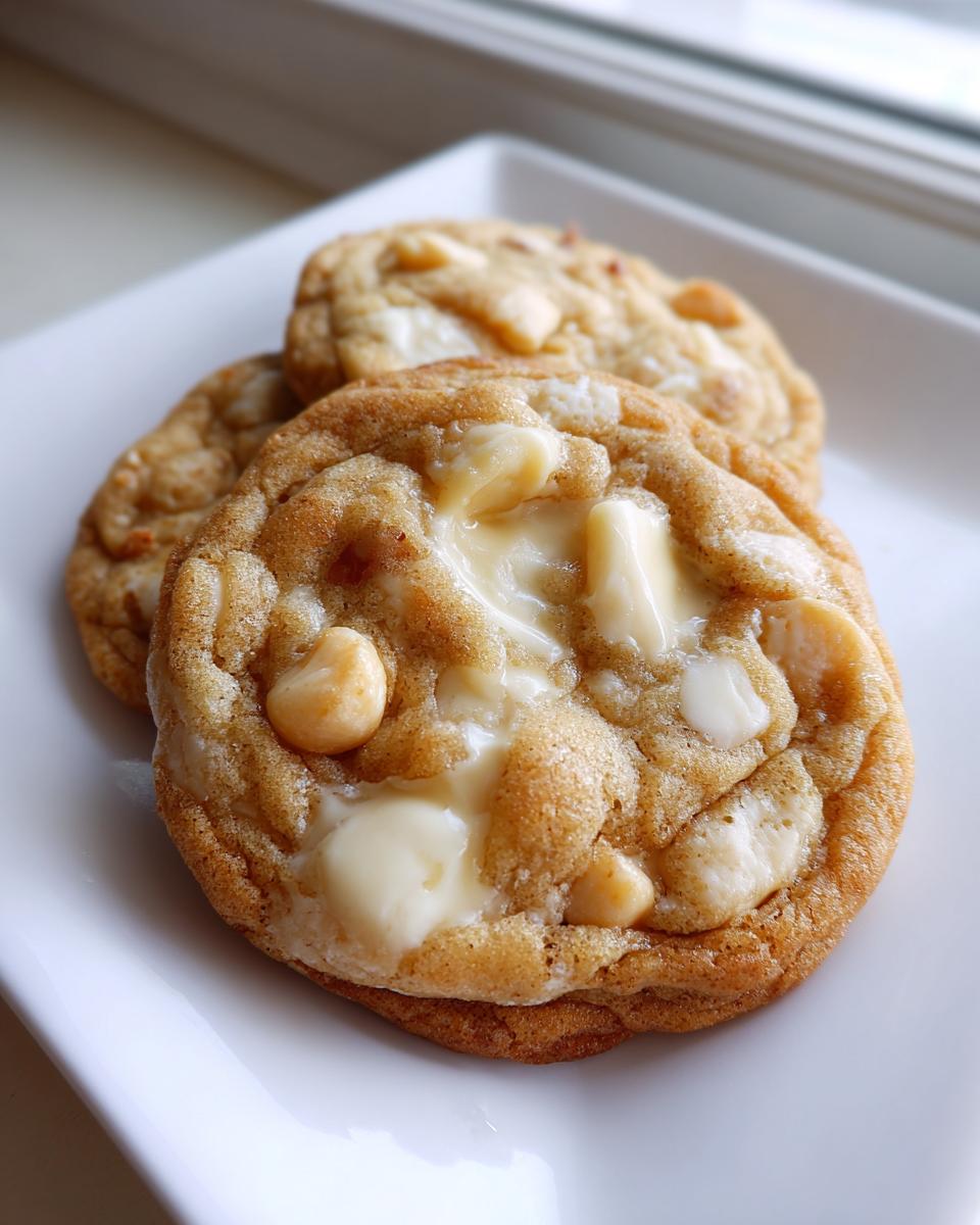 Close-up of freshly baked white chocolate macadamia nut cookies with gooey, melted white chocolate chips.