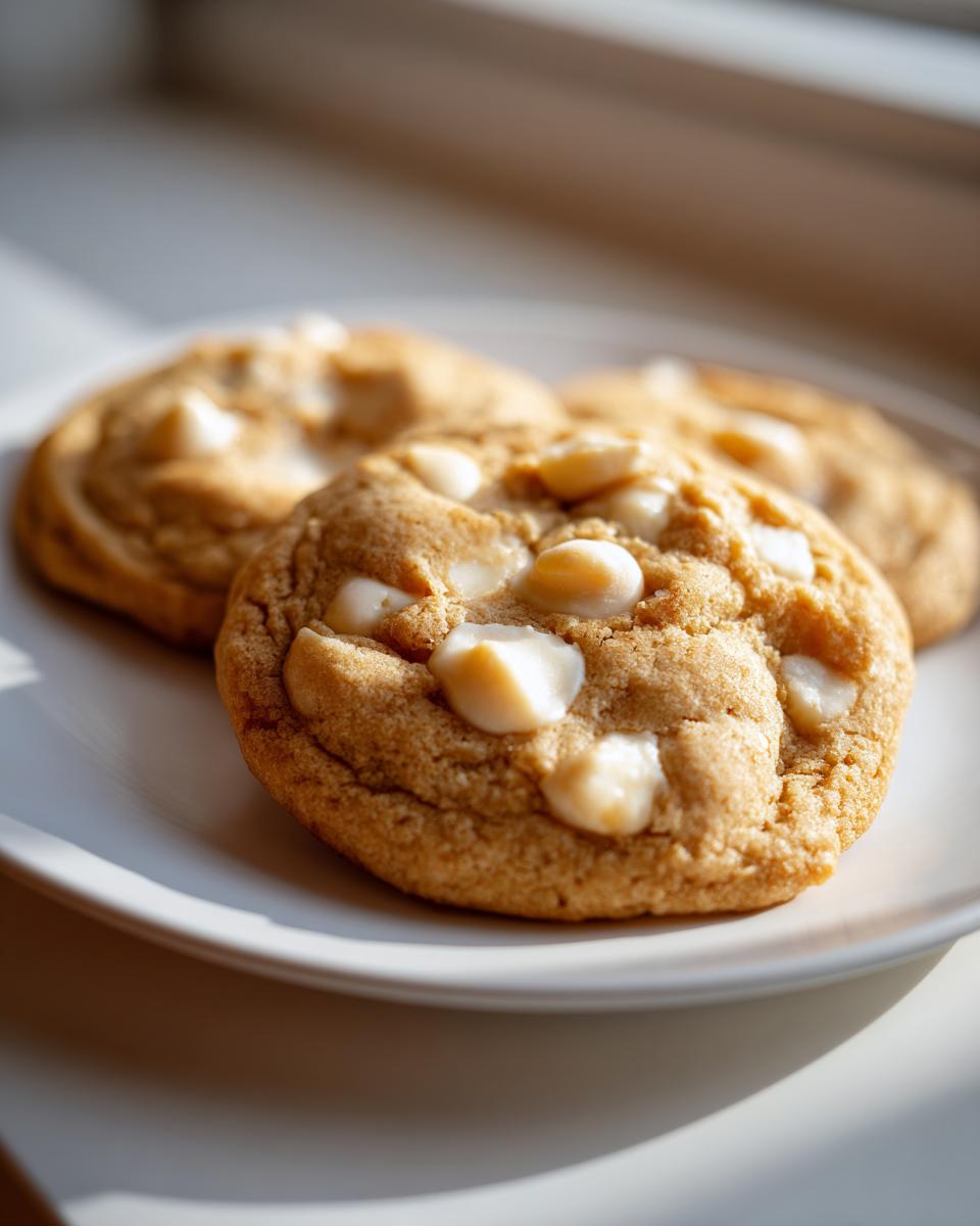 Three freshly baked white chocolate macadamia nut cookies resting on a white plate, illuminated by natural light.
