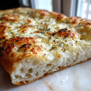 A close-up cross-section of amazing white pizza showing the thick, airy crust and bubbly, melted cheese topping.