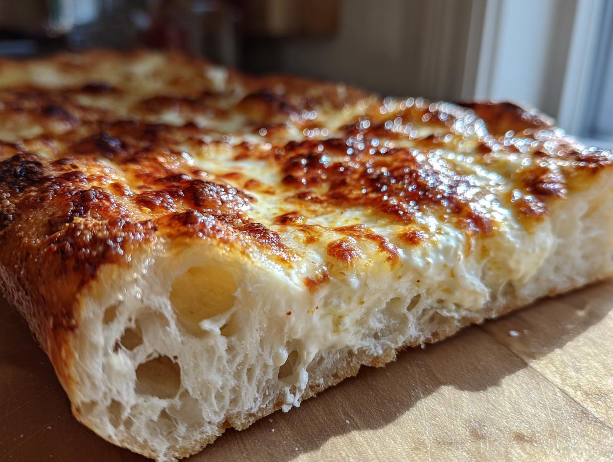 A close-up, cross-section view of a thick, airy crust on amazing white pizza with bubbly, browned cheese topping.