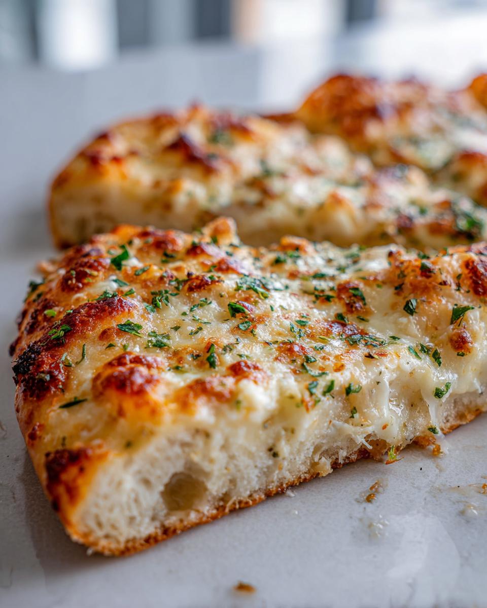 Close-up of a thick slice of amazing white pizza showing the creamy cheese topping and herbs.