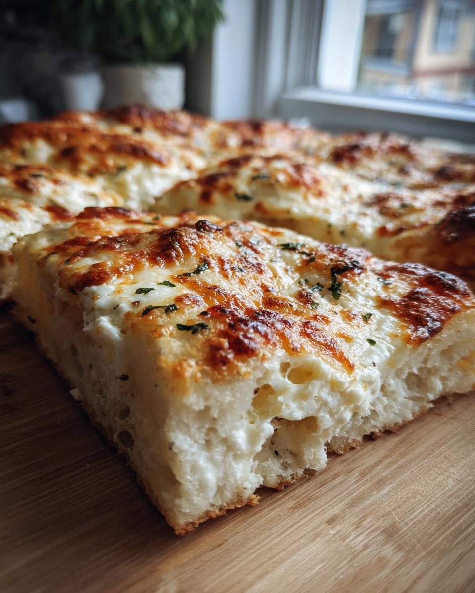 Close-up of a thick slice of amazing white pizza showing the fluffy crust and bubbly, browned cheese topping.