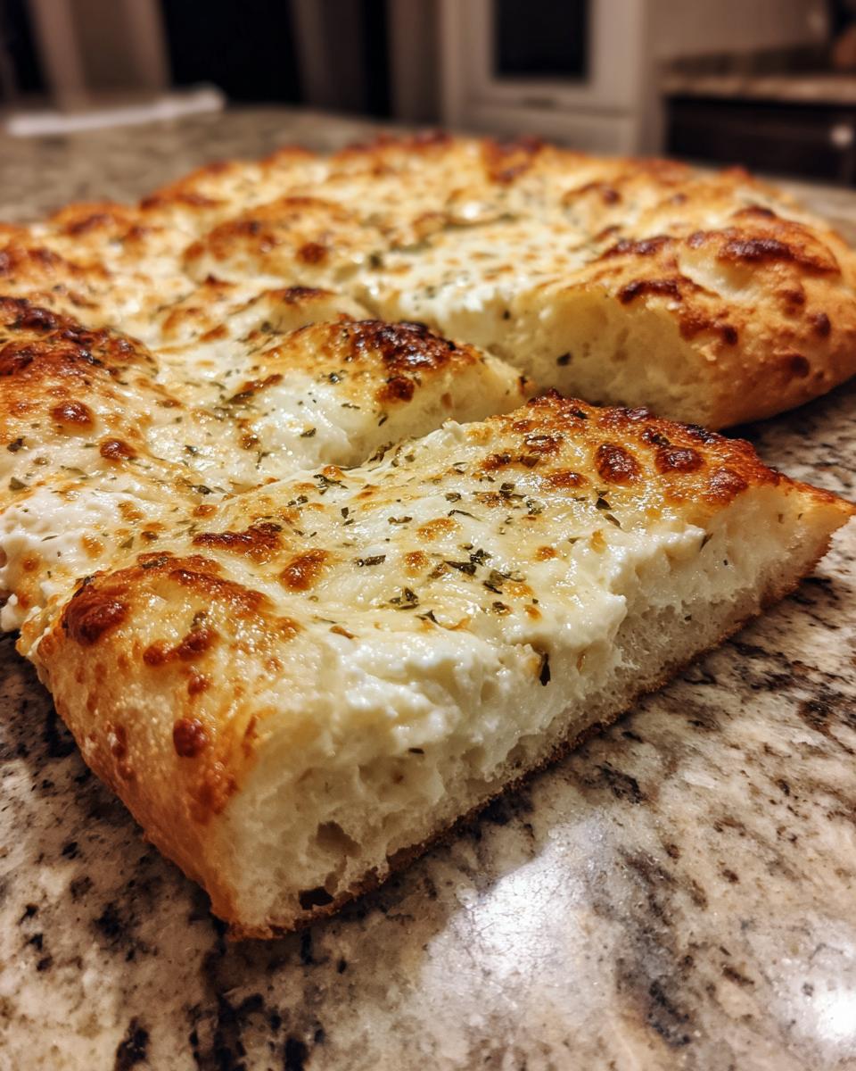 A thick slice of amazing white pizza showing the creamy ricotta and melted mozzarella topping, sprinkled with herbs.