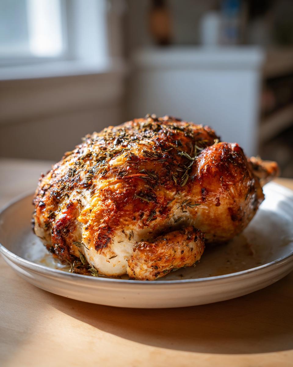 A beautifully roasted whole chicken with golden-brown, herb-crusted skin resting on a light-colored plate.