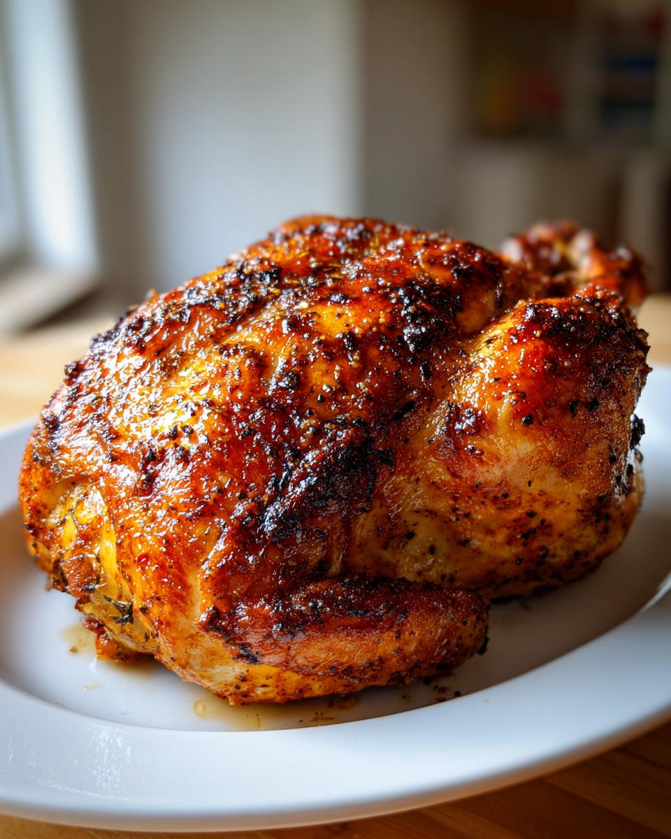 A beautifully roasted whole chicken with dark, crispy, seasoned skin resting on a white plate.