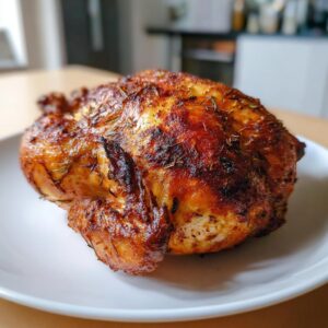 A beautifully roasted whole chicken with golden-brown, seasoned, crispy skin resting on a white plate.