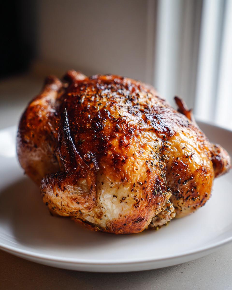 A beautifully roasted whole chicken with golden brown, seasoned, crispy skin resting on a white plate.