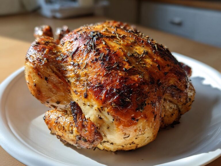A beautifully roasted whole chicken with golden, herb-crusted skin, resting on a white plate.