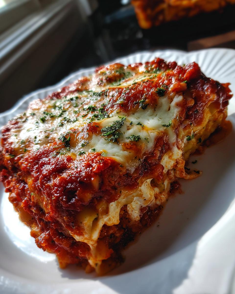A close-up, appetizing slice of lazy lasagna topped with rich tomato sauce and melted mozzarella cheese, sprinkled with parsley.