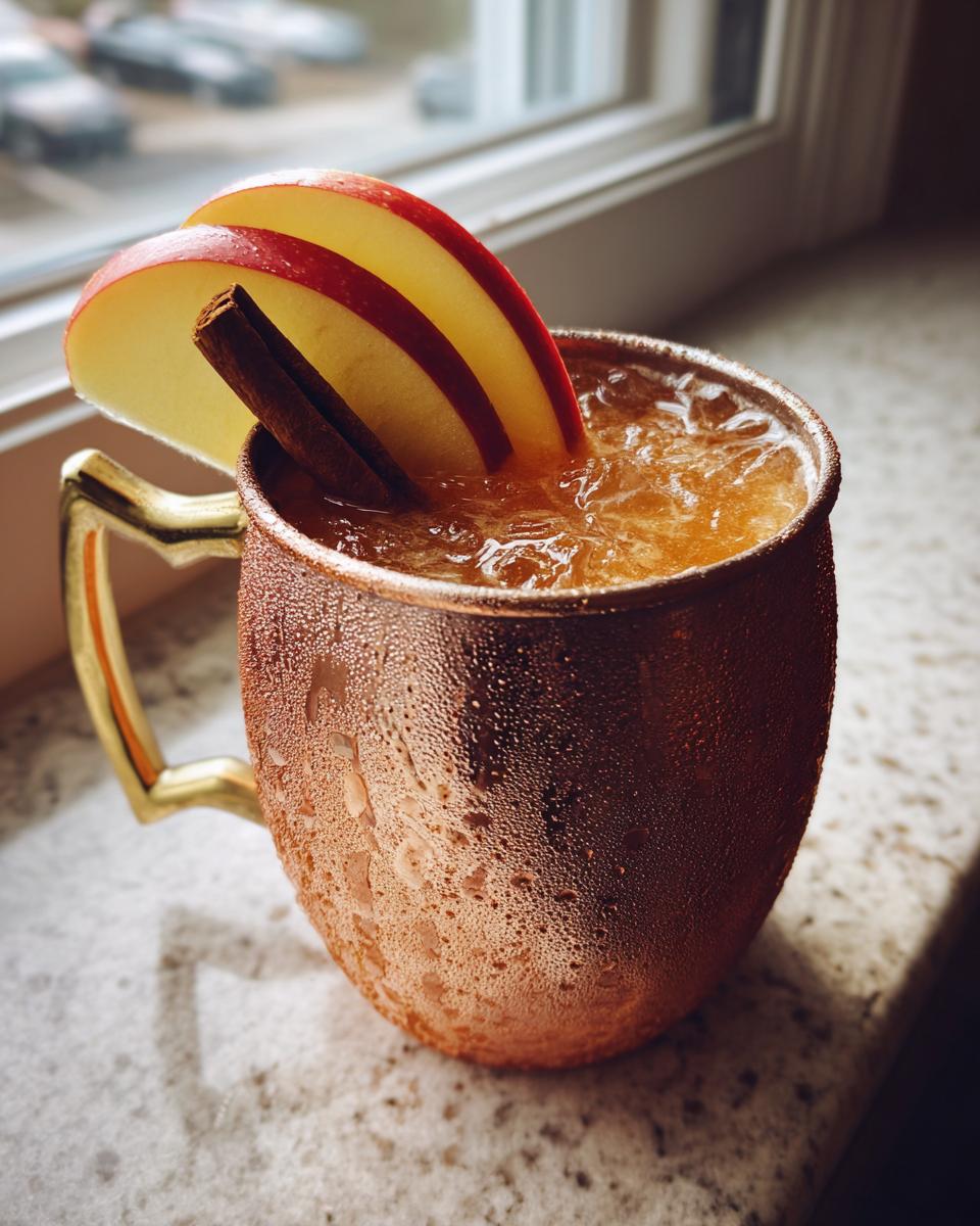 Close-up of an Apple Cider Moscow Mule in a frosty copper mug, garnished with apple slices and a cinnamon stick.
