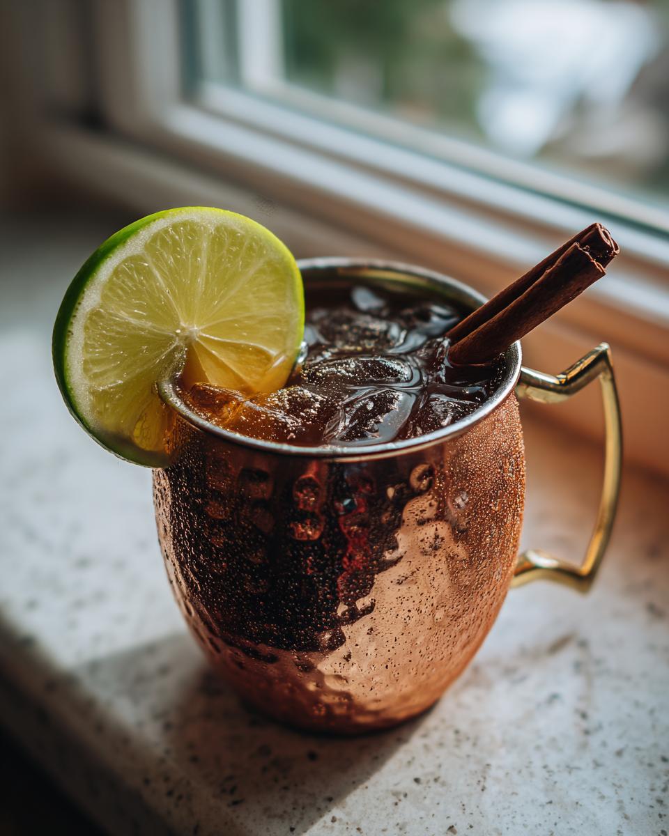 A chilled apple cider moscow mule garnished with a lime wheel and cinnamon sticks in a hammered copper mug.