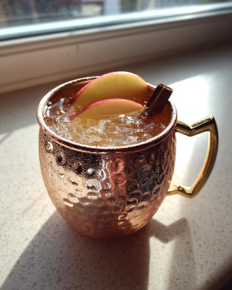A cold apple cider moscow mule garnished with apple slices and a cinnamon stick in a hammered copper mug.