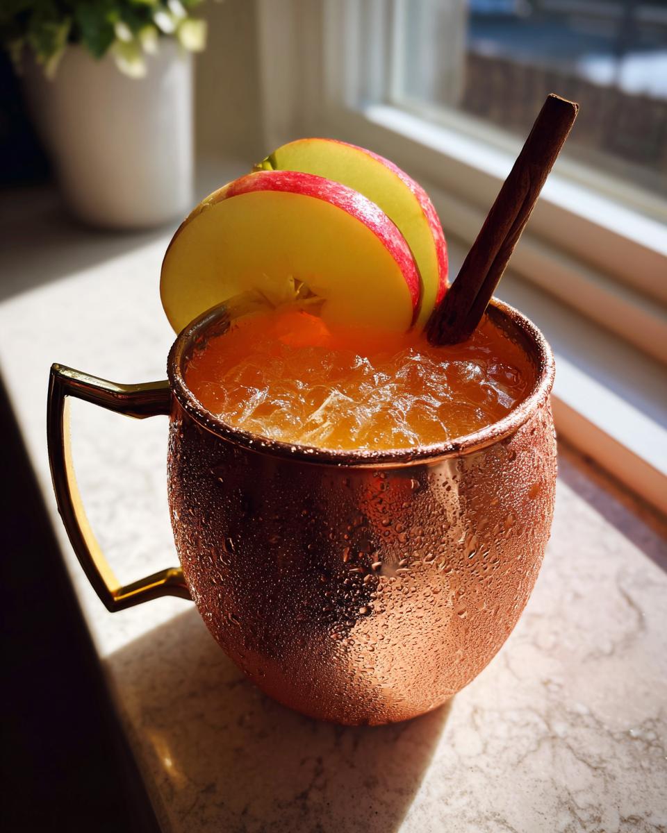 A refreshing apple cider moscow mule served over ice in a frosty copper mug, garnished with apple slices and a cinnamon stick.