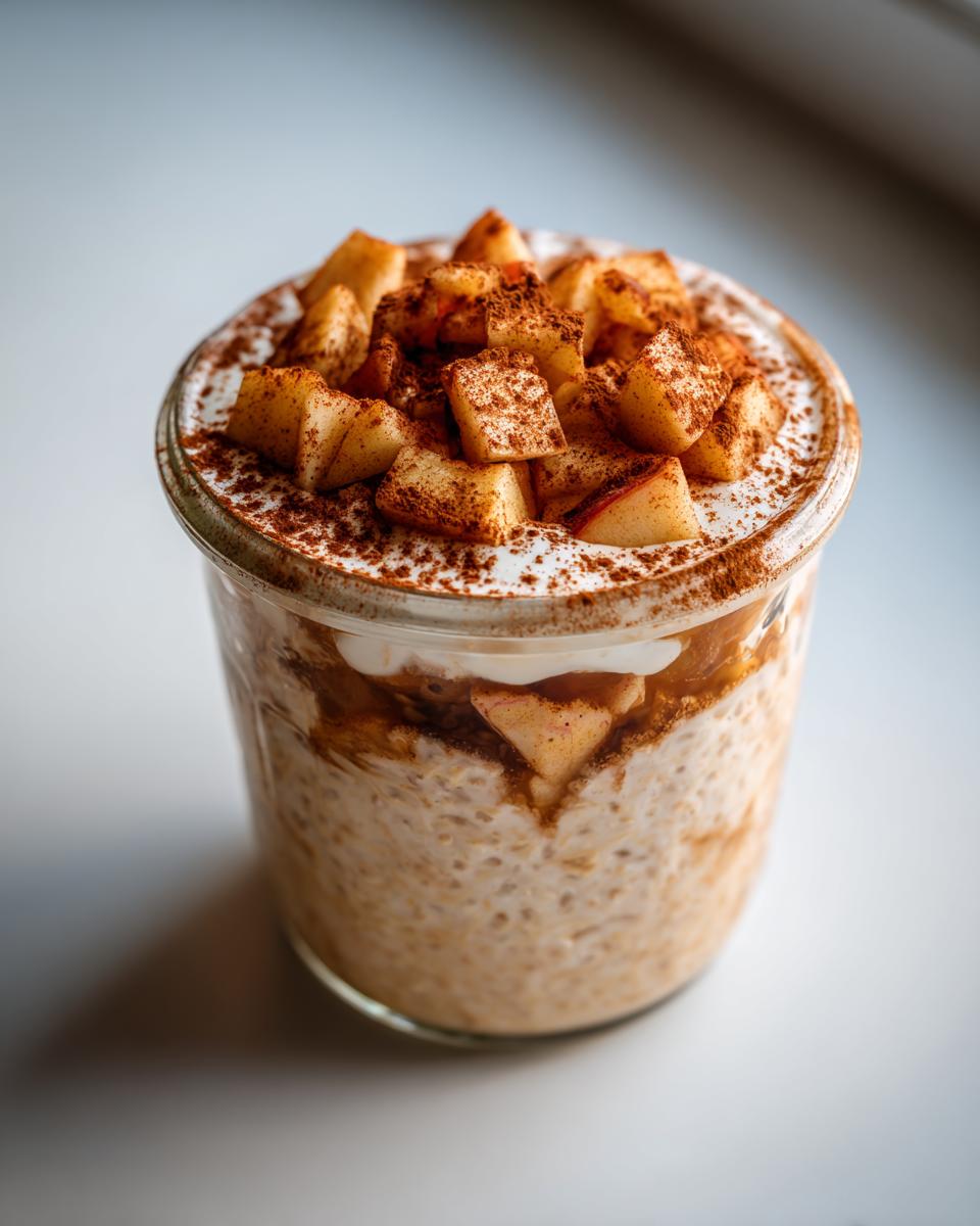 Close-up of apple cinnamon overnight oats in a glass jar, topped with diced apples and cinnamon powder.